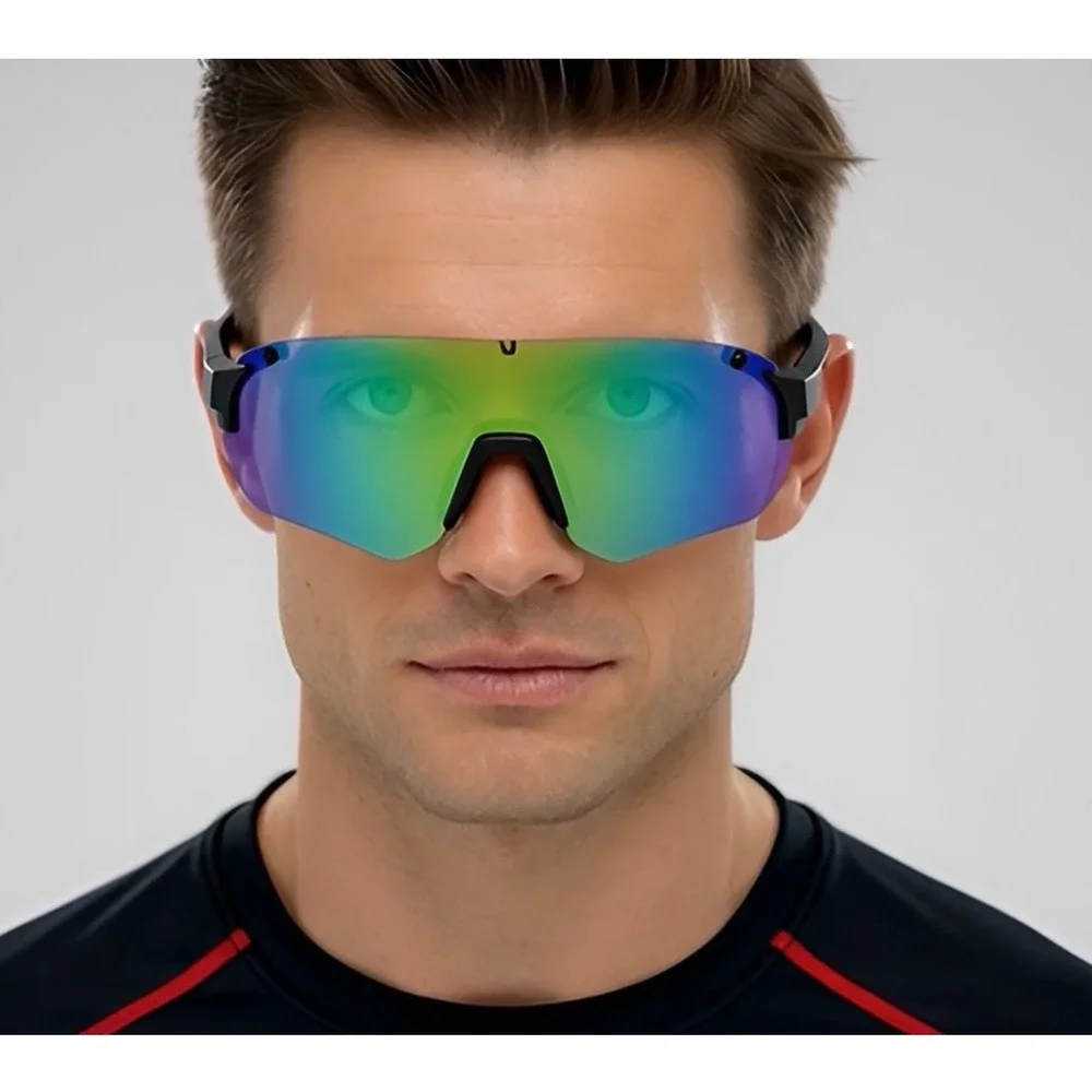 Mens Sport‎ Shield Sunglasses Black Red Frame Trendy Mirror Lens Cycling UV400